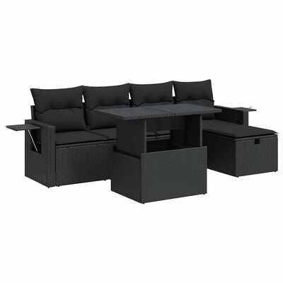 6 - Piece Garden Sofa Set with Cushions Black Poly Rattan