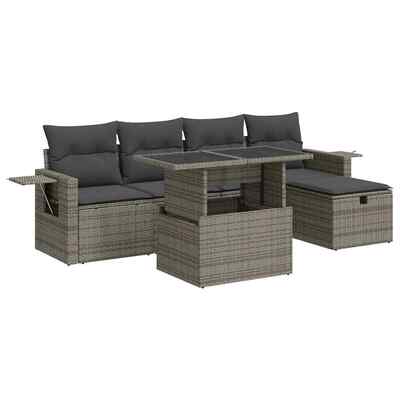 6 Pcs Garden Sofa Set with Cushions Grey Poly Rattan - Outdoor Living