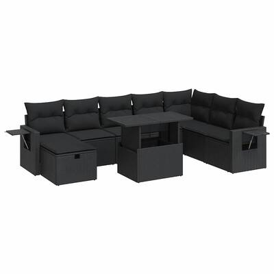 9 - Piece Garden Sofa Set with Cushions Black Poly Rattan