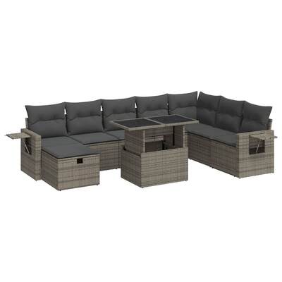 9 Pcs Garden Sofa Set with Cushions Grey Poly Rattan - Durable