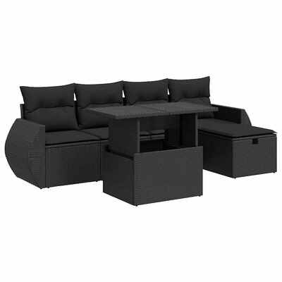 6 Piece Garden Sofa Set with Cushions - Black Poly Rattan - Stylish Outdoor