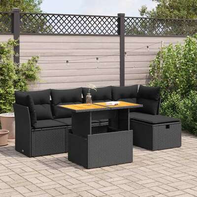 Garden Sofa Set with Cushions Couch 6 Piece Black Poly Rattan Acacia - Sleek