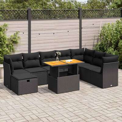 9 Piece Garden Sofa Set with Cushions Black Poly Rattan Acacia  - Sleek