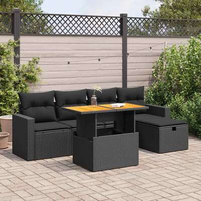 Garden Sofa Set with Cushions Couch 6 Piece Black Poly Rattan Acacia - Relax in Style