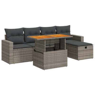 6 Piece Garden Sofa Set with Cushions Grey Poly Rattan Acacia - Outdoor Relaxation