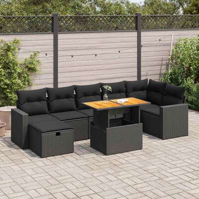 Garden Sofa Set with Cushions Couch 5 Piece Black Poly Rattan Acacia