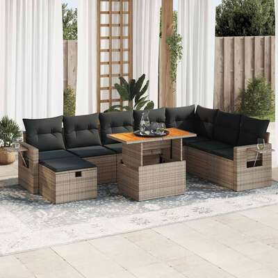 9 Piece Garden Sofa Set with Cushions Grey Poly Rattan Acacia - Outdoor Comfort