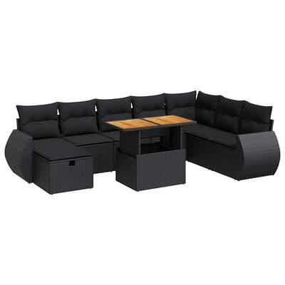 Modern 9 Piece Garden Sofa Set with Cushions Black Poly Rattan Acacia