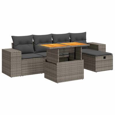 6 Piece Garden Sofa Set with Cushions Grey Poly Rattan Acacia - Stylish Comfort