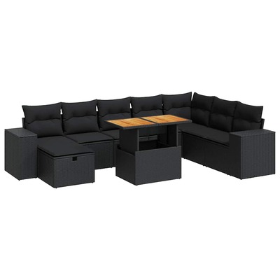 Garden Sofa Set with Cushions Couch 9 Piece Black Poly Rattan Acacia