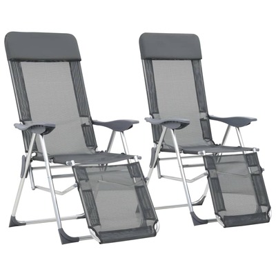 Pair of Grey Textilene Folding Camping Chairs with Footrest