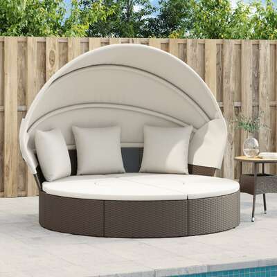 Luxurious Brown Poly Rattan Bed with Canopy and Cushions  Stylish Outdoor