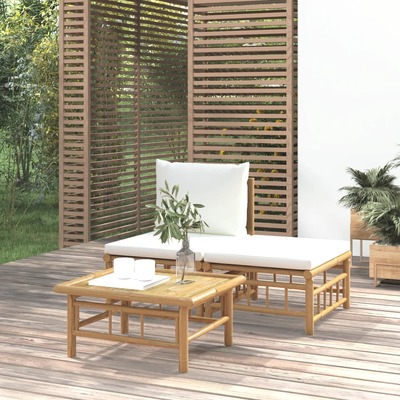 Tropical Retreat: Exquisite 3-Piece Bamboo Garden Lounge Set with Cream White Cushions