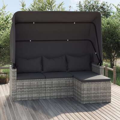 Ultimate Comfort: Grey Poly Rattan 3-Seater Garden Sofa with Roof and Footstool