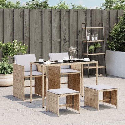 5 Piece Garden Dining Set with Cushions Mix Beige Poly Rattan