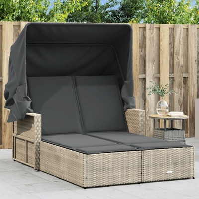 Double Sun Lounger with Canopy and Cushions Light Grey Poly Rattan