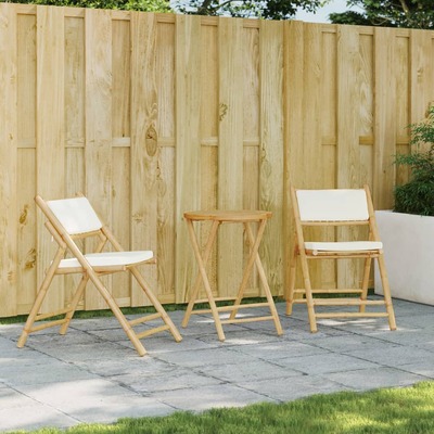 3-Piece Folding Bistro Set with Cream White Cushions Bamboo