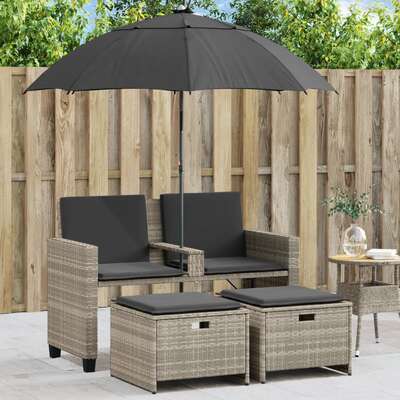 Garden Sofa 2-Seater with Parasol and Stools Couch Light Grey Poly Rattan