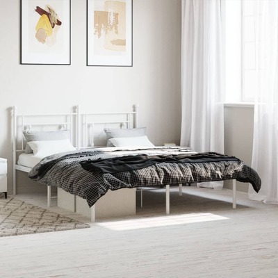 White Metal Bed Frame with Stylish Headboard Queen Size