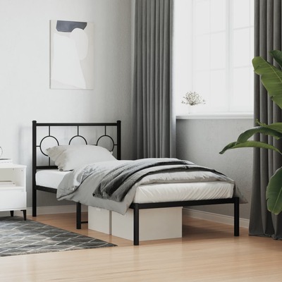 Metal Bed Frame with Headboard  Black Single Size