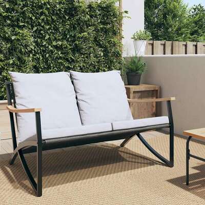 Stylish 120 cm Black Steel Garden Bench with Plush Cushions  Perfect Outdoor