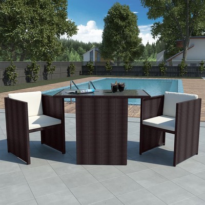 3 Piece Bistro Set with Cushions Poly Rattan Brown