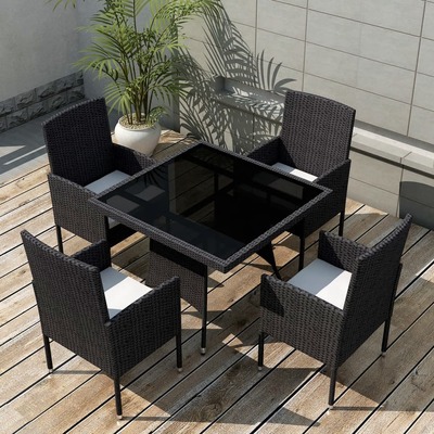 5 Piece Outdoor Dining Set with Cushions Poly Rattan Black