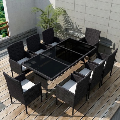 9 Piece Outdoor Dining Set with Cushions Poly Rattan Black