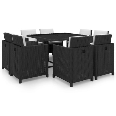 9 Piece Outdoor Dining Set with Cushions Poly Rattan Black