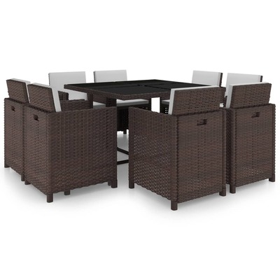 9 Piece Outdoor Dining Set with Cushions Poly Rattan Brown