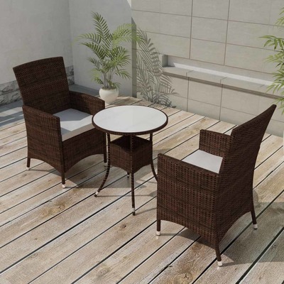 3 Piece Bistro Set with Cushions Poly Rattan Brown