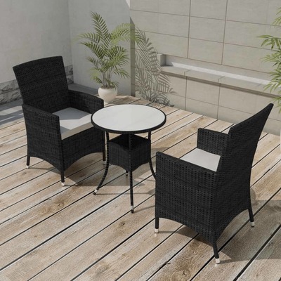 3 Piece Bistro Set with Cushions Poly Rattan Black