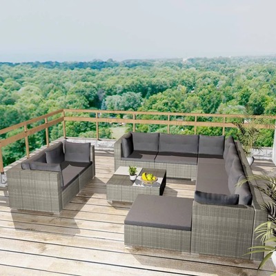 10 Piece Garden Lounge Set with Cushions Poly Rattan Grey