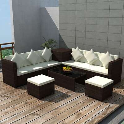 8 Piece Garden Lounge Set with Cushions Poly Rattan Brown