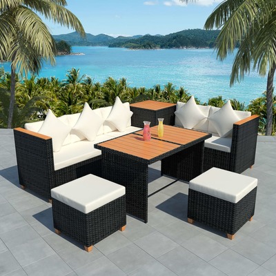 7 Piece Garden Lounge Set with Cushions Poly Rattan Black