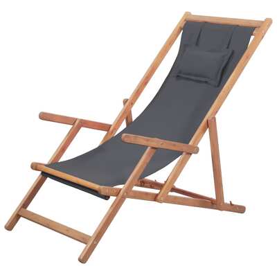 Folding Beach Chair Fabric and Wooden Frame Grey