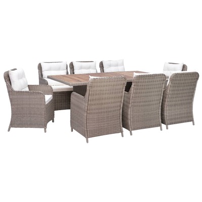 9 Piece Outdoor Dining Set with Cushions Poly Rattan Brown