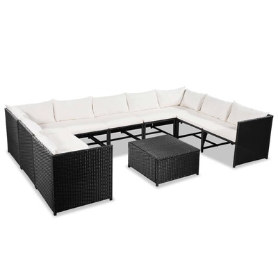 10 Piece Garden Lounge Set with Cushions Poly Rattan Black