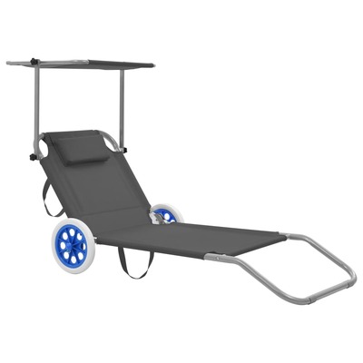 Folding Sun Lounger with Canopy and Wheels Steel Grey