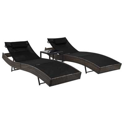 Sun Loungers 2 pcs with Table Poly Rattan and Textilene Brown