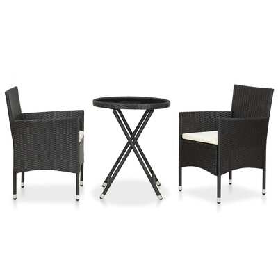 3 Piece Garden Bistro Set Poly Rattan and Tempered Glass Black