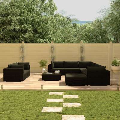 10 Piece Lounge Set with Cushions Poly Rattan Black