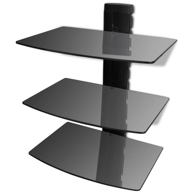 3-tier Wall Mounted Glass DVD Shelf Black