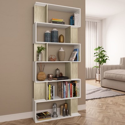 Book Cabinet/Room Divider  White and Sonoma Oak Chipboard