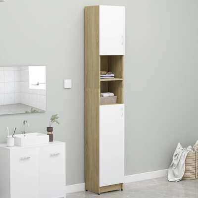 Bathroom Cabinet White and Sonoma Oak 32x25.5x190 cm Chipboard