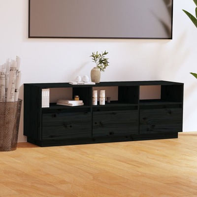 Tv Cabinet Black Solid Wood Pine