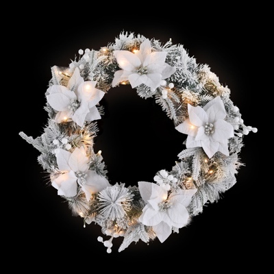 60cm Christmas Wreath LED Lights Snowy Flowers Garland Party Décor