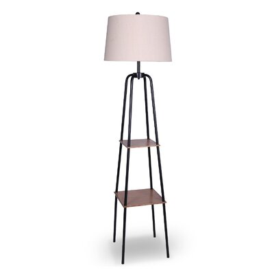 Metal Etagere Floor Lamp Shade with Metal Shelf in Wood Grain Finish