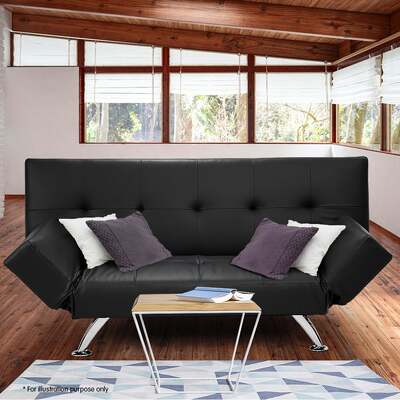 3 Seater Leather Sofa Bed Lounge - Black