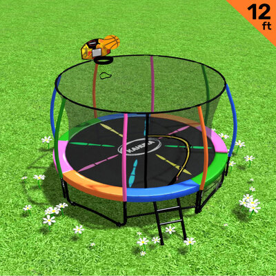 12ft Trampoline Free Safety Net Spring Pad Cover Mat Ladder Shoe Bag - Rainbow